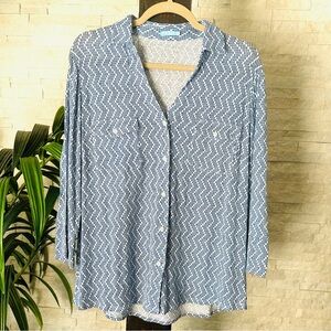 J. McLaughlin Blue White Linen Blend Lightweight Button Down Blouse Large